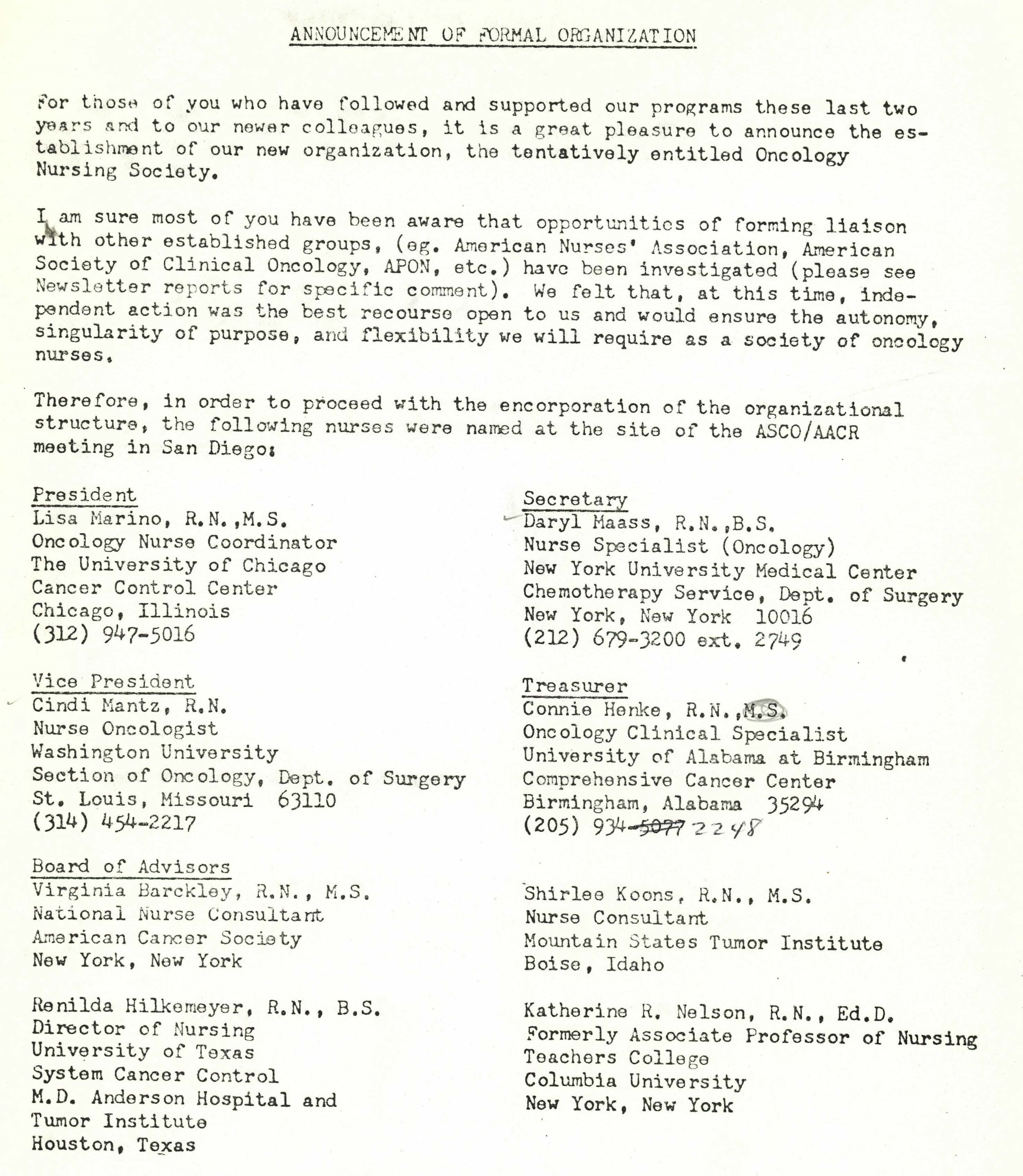 Scanned image of document with typed text that announces the formalization of ONS as an organization