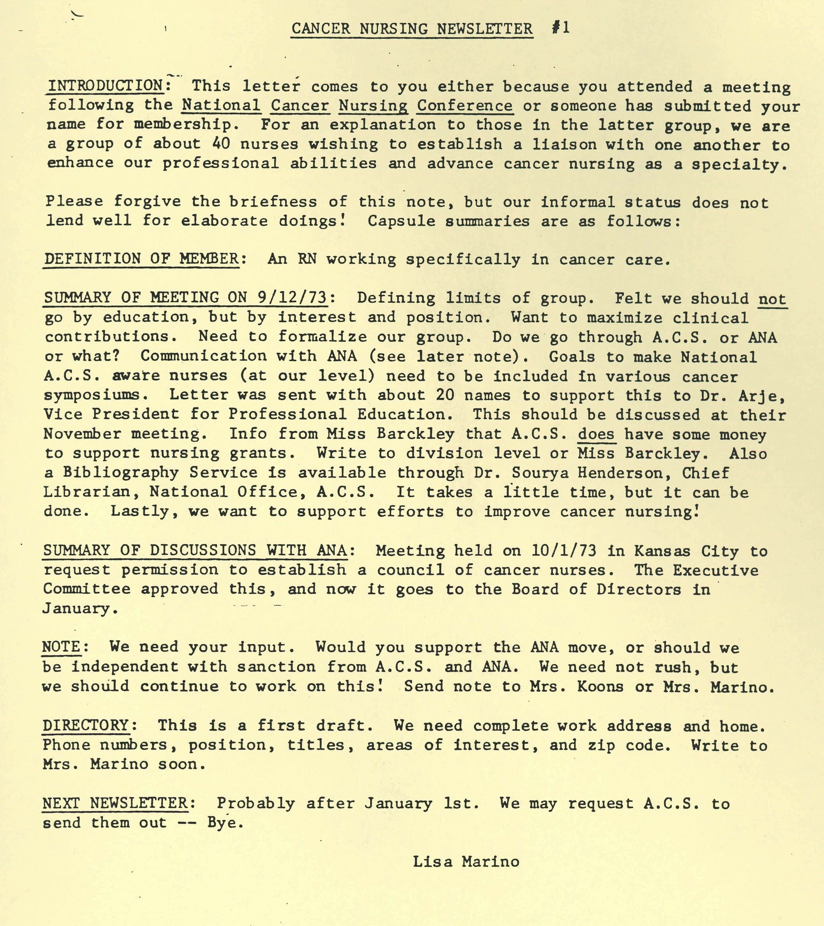 Scanned image of aged, yellowed document with typed text of the first cancer nursing newsletter